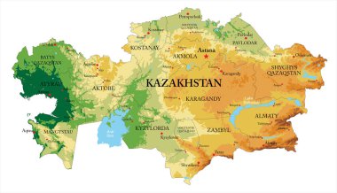 Kazakistan, tüm yardım formları ve büyük şehirlerle vektör formatında oldukça detaylı bir fiziksel harita oluşturdu.