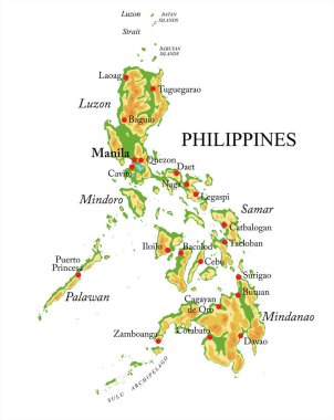 Filipinler çok detaylı fiziksel harita, vektör formatında, tüm yardım formları, bölgeler ve büyük şehirlerle.