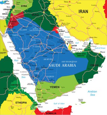 Suudi Arabistan idari bölgeleri, ana şehirleri ve yolları ile son derece ayrıntılı vektör haritası.
