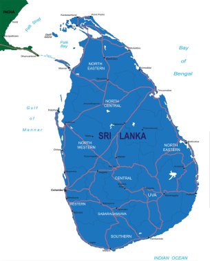 Sri Lanka ülke sınırları, ilçe isimleri, ana yollar ve son derece ayrıntılı bir devlet silüeti içeren ayrıntılı vektör haritası.