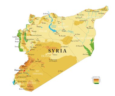 Suriye 'nin son derece detaylı fiziksel haritası, vektör formatında, tüm yardım formları, bölgeler ve büyük şehirlerle. 