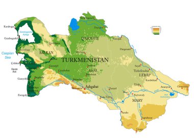 Türkmenistan 'ın son derece detaylı fiziksel haritası, vektör formatında, tüm yardım formları, bölgeler ve büyük şehirlerle.