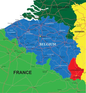 İdari bölgeleri, ana şehirleri ve yolları ile Belçika 'nın son derece ayrıntılı vektör haritası.