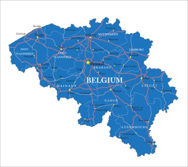 İdari bölgeleri, ana şehirleri ve yolları ile Belçika 'nın son derece ayrıntılı vektör haritası.