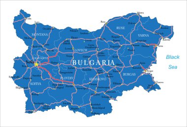 İdari bölgeleri, büyük şehirleri ve yolları olan Bulgaristan 'ın son derece ayrıntılı vektör haritası.