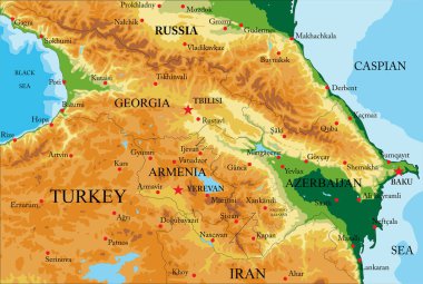 Kafkas bölgesinin detaylı fiziksel haritası vektör formatında, tüm yardım formları, ülkeler ve büyük şehirlerle birlikte.