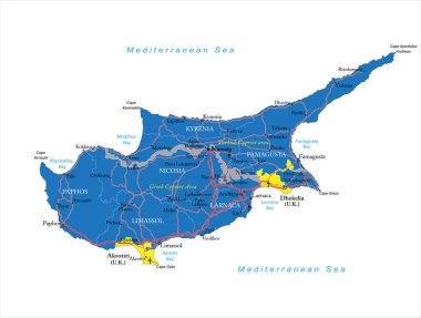 İdari bölgeleri, büyük şehirleri ve yolları olan Kıbrıs 'ın son derece ayrıntılı vektör haritası.