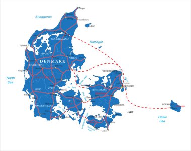 Danimarka 'nın idari bölgeleri, ana şehirleri ve yolları ile ilgili son derece ayrıntılı vektör haritası.