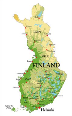 Highly detailed physical map of Finland,in vector format,with all the relief forms,regions and big cities. clipart