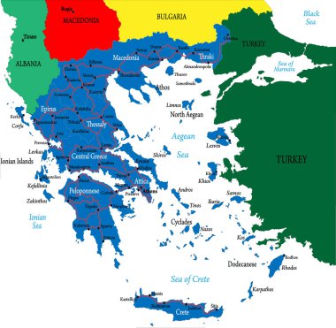 Yunanistan 'ın ana şehirleri, bölgeleri ve yolları ile ilgili son derece ayrıntılı vektör haritası.