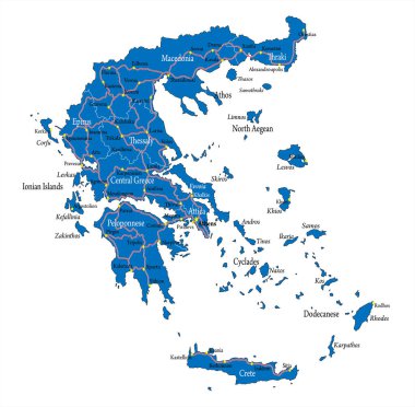 Yunanistan 'ın ana şehirleri, bölgeleri ve yolları ile ilgili son derece ayrıntılı vektör haritası.