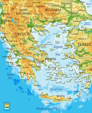 Yunanistan 'ın son derece detaylı fiziksel haritası, vektör formatında, tüm yardım formları, bölgeler ve büyük şehirlerle.