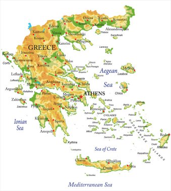Yunanistan 'ın son derece detaylı fiziksel haritası, vektör formatında, tüm yardım formları, bölgeler ve büyük şehirlerle.