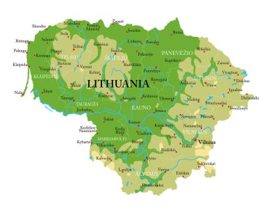 Litvanya 'nın son derece detaylı fiziksel haritası, vektör formatında, tüm yardım formları, bölgeler ve büyük şehirlerle.