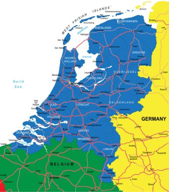 Hollanda 'nın idari bölgeleri, ana şehirleri ve yolları ile ilgili son derece ayrıntılı vektör haritası.