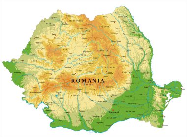 Romanya 'nın son derece detaylı fiziksel haritası, vektör formatında, tüm yardım formları, bölgeler ve büyük şehirlerle birlikte.