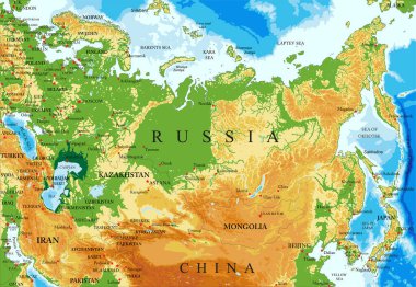 Rusya 'nın son derece detaylı fiziksel haritası, vektör formatında, tüm yardım formları, bölgeler ve büyük şehirlerle.