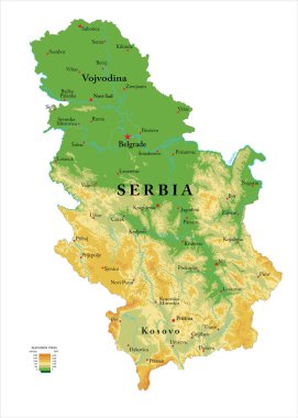 Sırbistan 'ın son derece ayrıntılı fiziksel haritası, vektör formatında, bütün yardım formları, bölgeler ve büyük şehirlerle birlikte.