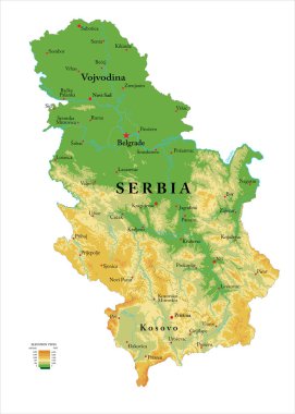 Highly detailed physical map of the Serbia, in vector format,with all the relief forms,regions and big cities. clipart