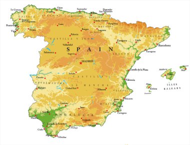 İspanya 'nın son derece detaylı fiziksel haritası, vektör formatında, tüm yardım formları, bölgeler ve büyük şehirlerle.