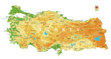 Türkiye 'nin son derece detaylı fiziksel haritası, vektör formatında, tüm yardım formları, bölgeler ve büyük şehirlerle.