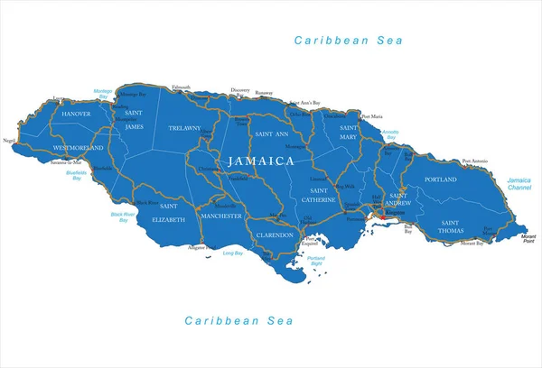 Mapa Vetorial Altamente Detalhado Jamaica Com Regiões Administrativas Principais Cidades —  Vetores de Stock