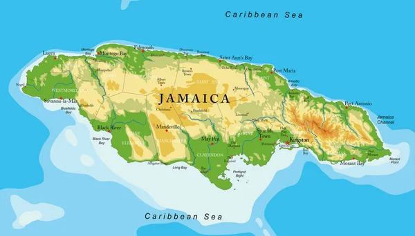 Jamaica Mapa Físico Altamente Detalhado Formato Vetorial Com Todas Formas — Vetor de Stock