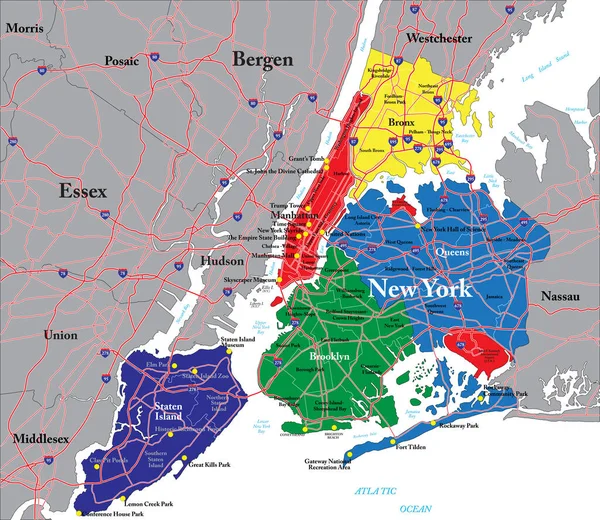 Carte Vectorielle Très Détaillée New York Avec Les Cinq Arrondissements — Image vectorielle