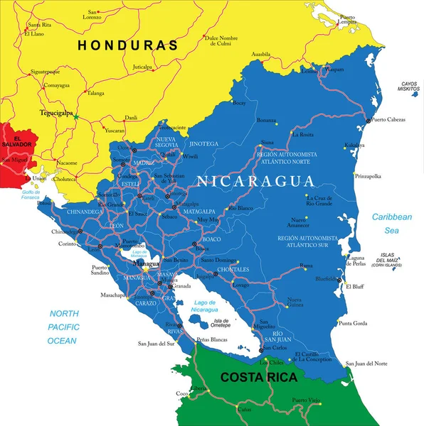 Mappa Vettoriale Altamente Dettagliata Del Nicaragua Con Regioni Amministrative Principali — Vettoriale Stock