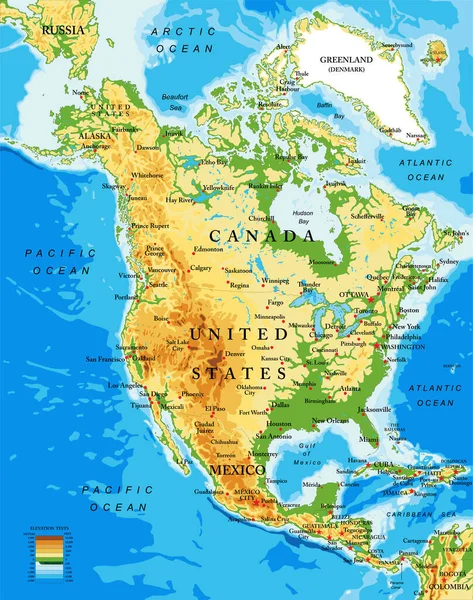 Mapa Físico Altamente Detallado América Del Norte Formato Vectorial Con — Vector de stock
