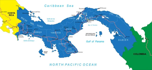 Panama Bardzo Szczegółowa Mapa Wektorowa Regionami Administracyjnymi Głównymi Miastami Drogami — Wektor stockowy