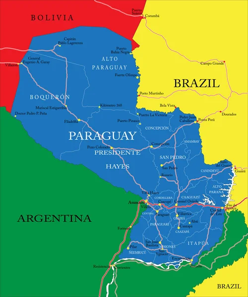 Paraguai Mapa Vetorial Altamente Detalhado Com Regiões Administrativas Principais Cidades —  Vetores de Stock