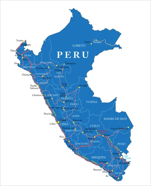 Peru Mapa Vetorial Altamente Detalhado Com Regiões Administrativas Principais Cidades —  Vetores de Stock