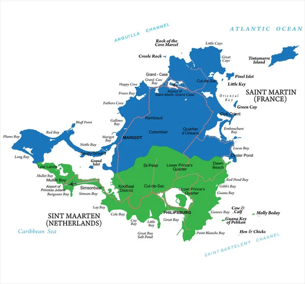 主要都市や道路地図とセント マーティン島の非常に詳細な地図 — ストックベクタ