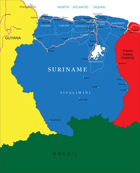 Surinam Mapa Vectorial Altamente Detallado Con Regiones Administrativas Principales Ciudades — Vector de stock