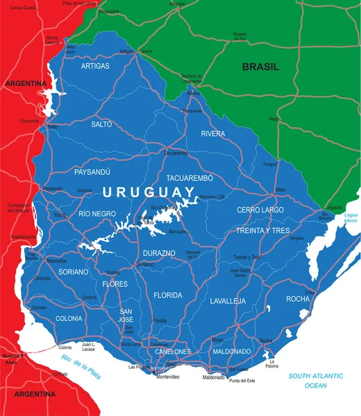 Uruguay Dettagliata Mappa Vettoriale Con Confini Nazionali Nomi Delle Contee — Vettoriale Stock