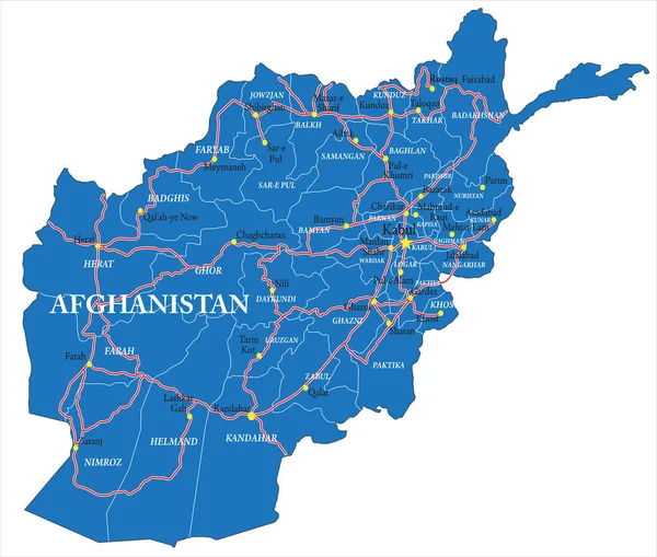 Afghanistan Mappa Vettoriale Altamente Dettagliata Con Principali Regioni Città Strade — Vettoriale Stock