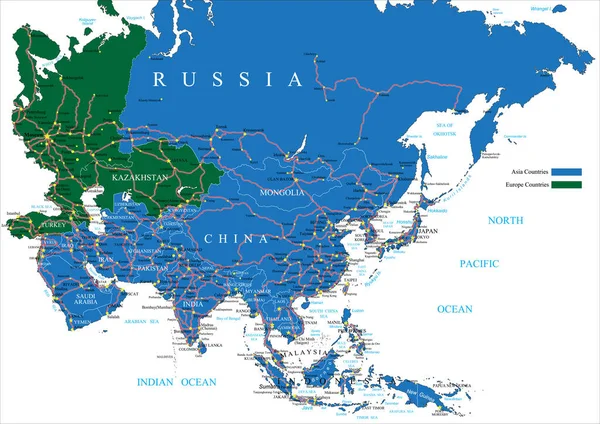 Carte Vectorielle Très Détaillée Asie Avec Les Pays Les Principales — Image vectorielle