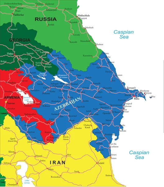 Azerbaycan Idari Bölgeler Ana Şehirler Yollar Ile Son Derece Ayrıntılı — Stok Vektör