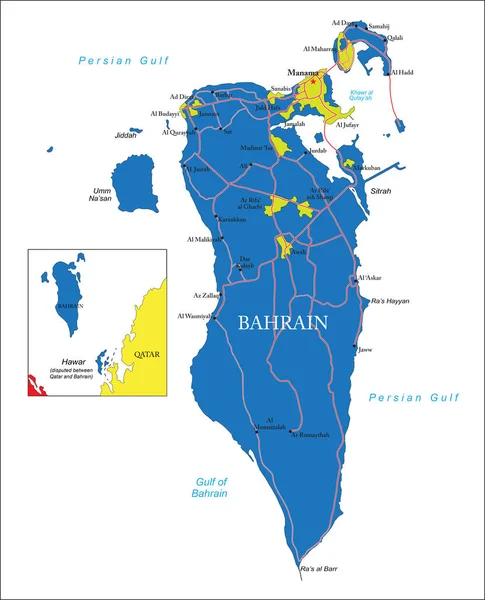 Bahréin Mapa Vectorial Altamente Detallado Con Regiones Administrativas Ciudades Principales — Vector de stock