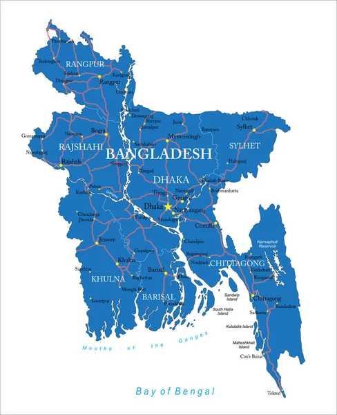 バングラデシュ行政区 主要都市 道路と非常に詳細なベクトルマップ — ストックベクタ