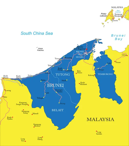 Brunei Rendkívül Részletes Vektortérkép Közigazgatási Régiókkal Főbb Városokkal Utakkal — Stock Vector