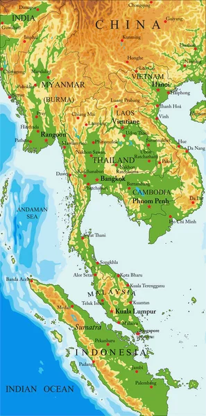 Indočína Velmi Podrobná Fyzická Mapa Vektorovém Formátu Všemi Reliéfními Formami — Stockový vektor