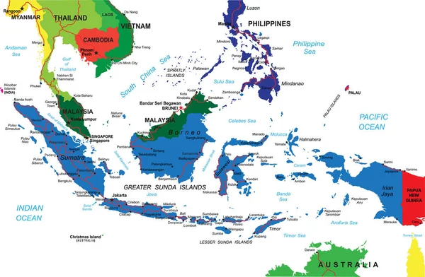 Indonézia Részletes Vektortérképe Országhatárokkal Megyei Nevekkel Főutakkal Egy Nagyon Részletes — Stock Vector