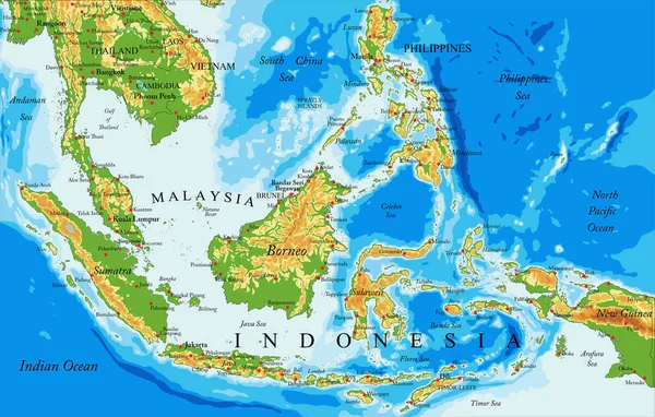 Высокодетальная Физическая Карта Индонезии Векторном Формате Всеми Рельефными Формами Странами — стоковый вектор