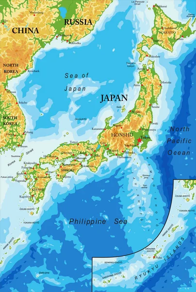 Japan Zeer Gedetailleerde Fysieke Kaart Vectorformaat Met Alle Hulpvormen Regio — Stockvector