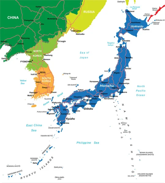 Japón Mapa Vectorial Altamente Detallado Con Las Principales Ciudades Carreteras — Vector de stock