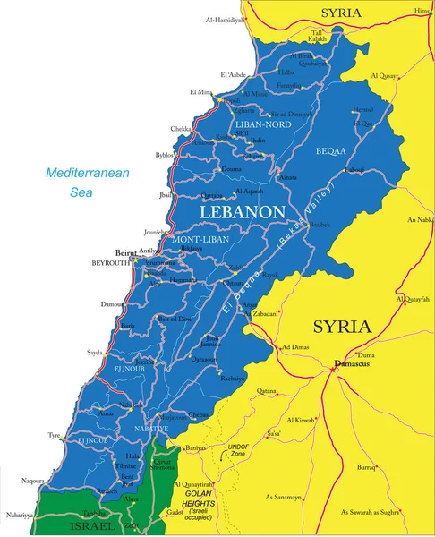 Λίβανος Εξαιρετικά Λεπτομερής Διανυσματικός Χάρτης Διοικητικές Περιφέρειες Κύριες Πόλεις Και — Διανυσματικό Αρχείο