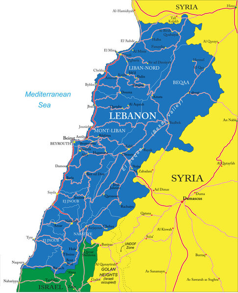 Векторная карта Ливана с административными районами, основными городами и дорогами
.