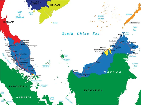 Malesia Mappa Vettoriale Altamente Dettagliata Con Principali Città Strade — Vettoriale Stock